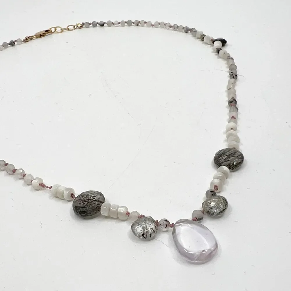 Vintage Black Rutilated Quartz & Rose Quartz Beaded Necklace 14/20 GF Clasp - Picture 2 of 7